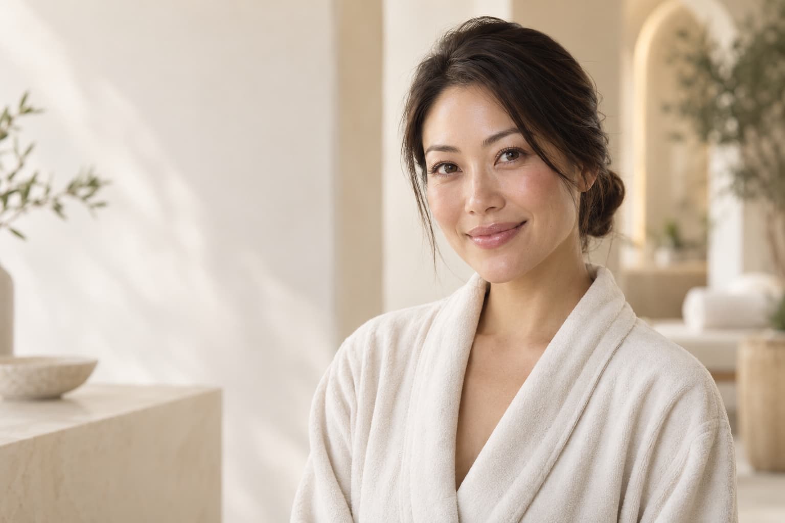 Smiling client in a spa robe at CareHarmony Medspa in Springfield, VA