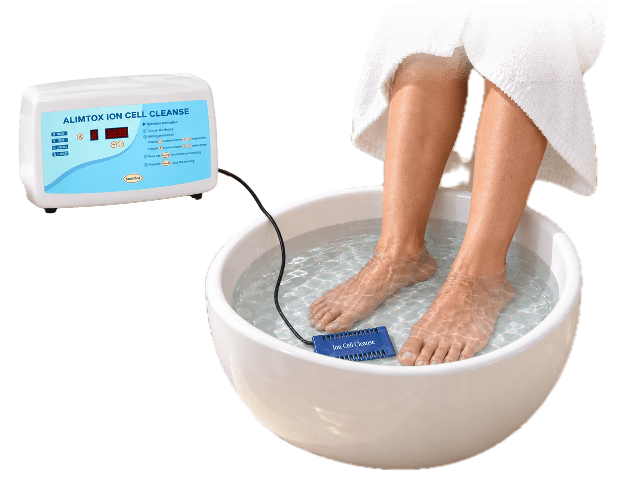 Alimtox ionic footbath session: feet soaking in a warm-water basin beside the Alimtox unit